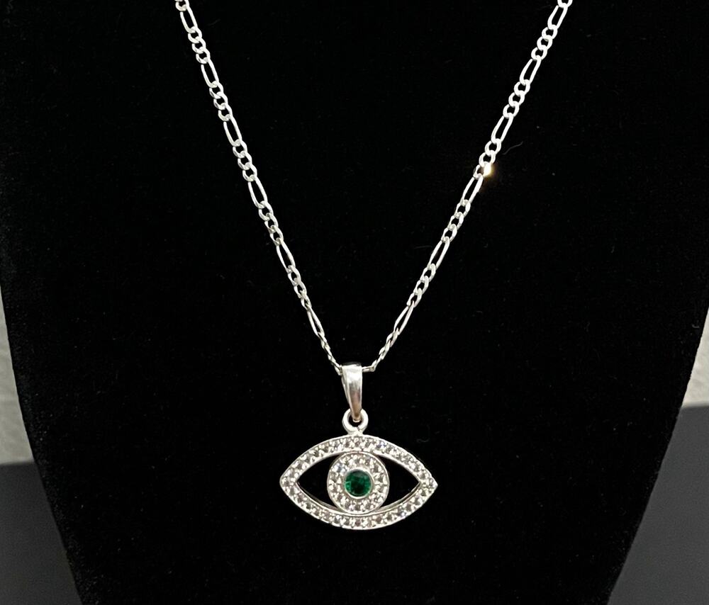 Silver Tone Cable Chain Necklace Evil Eye Charm Pendant Green Pavé CZ
